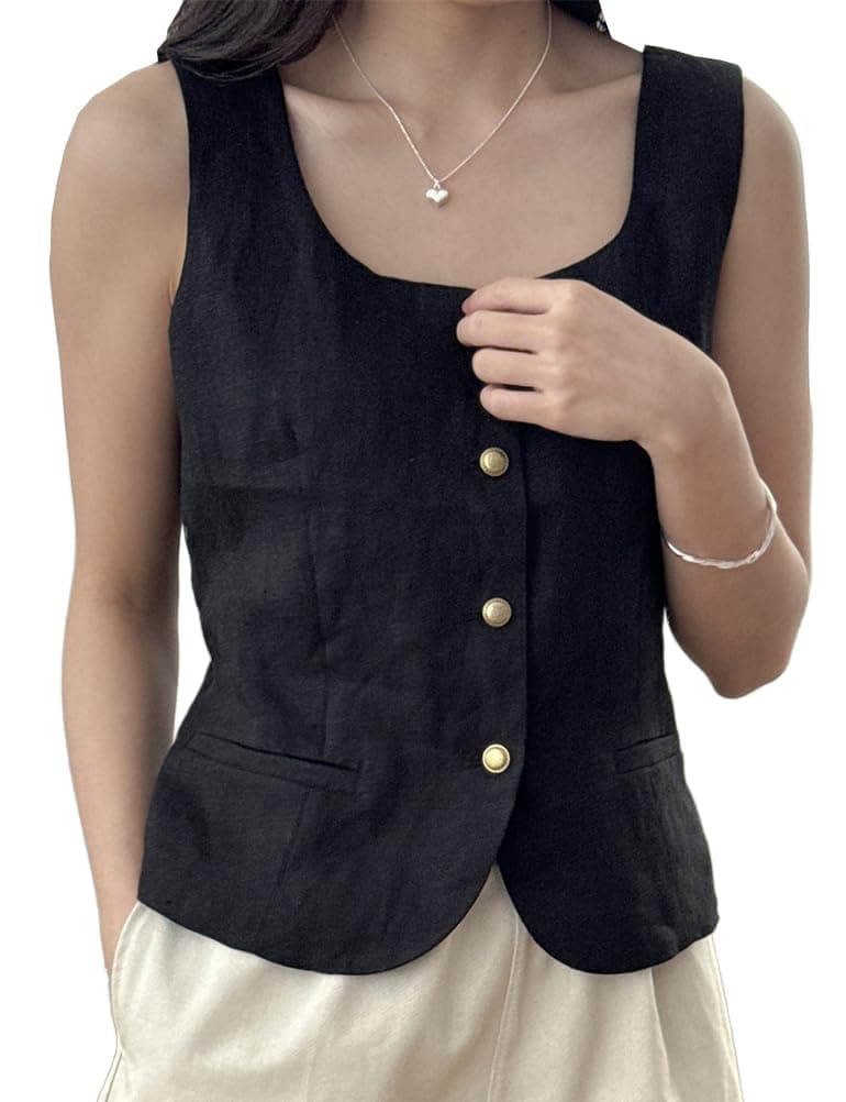 IDEALSANXUN Women's Linen Tank Tops Casual Vest Shirt Blouse