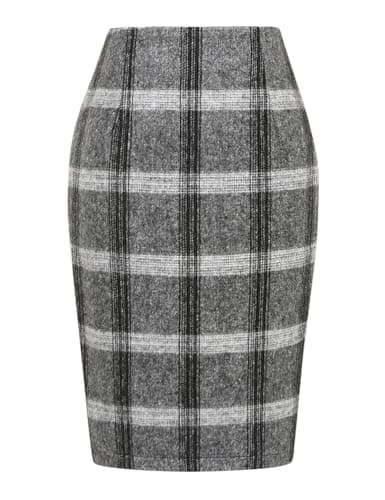 Womens Plaid Wool Pencil Skirt for Fall and Winter — Grey