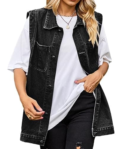 PAODIKUAI Women's Oversized Distressed Denim Vest Jackets — A7-black