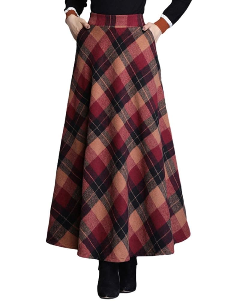 SUNYUESTAR Women's Warm Wool A-Line Plaid Skirt