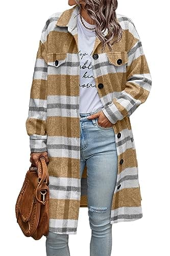 PrettyGarden Women's Plaid Shacket Long Sleeve Button Up Flannel Winter Coat — Plaid Yellow