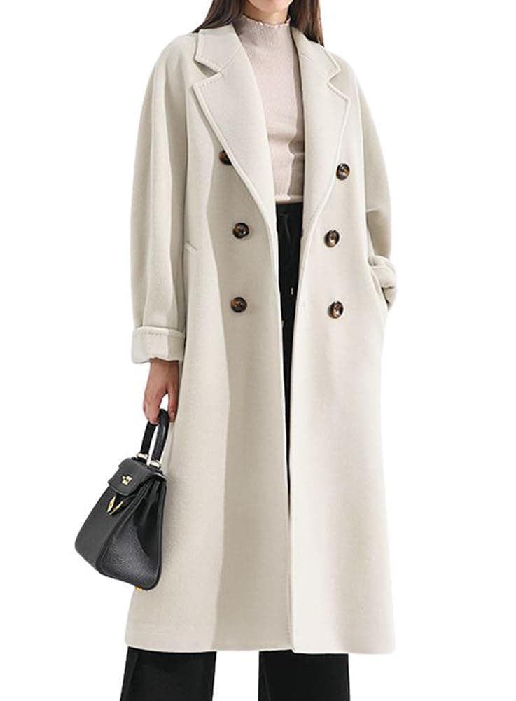 Chouyatou Women's Wool Double Breasted Midi Trench Coat with Belt