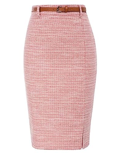 Women's Tweed Pencil Skirt with Slit and Belt — Tweed-red