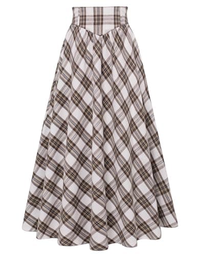 Scarlet Plaid Victorian Maxi Skirt for Women High Waist — Brown and White Plaid