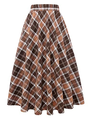 Women's Plaid A-line Midi Pleated Skirt — Brown