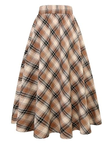 IDEALSANXUN Women's Plaid Elastic Waist A-Line Midi Skirt — Light Brown