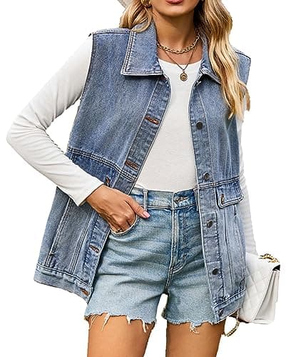 PAODIKUAI Women's Oversized Distressed Denim Vest Jackets — A8-blue