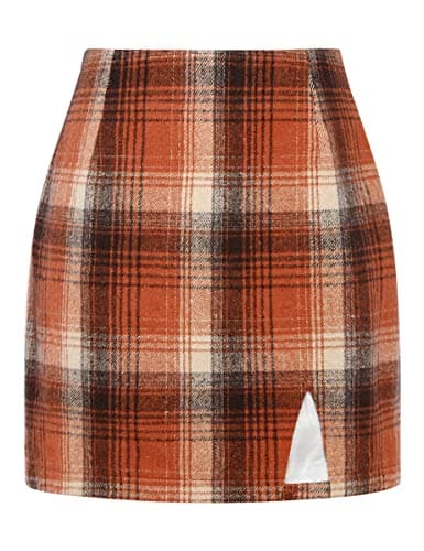 High Waisted Wool Plaid Mini Skirt with Slit for Women by IDEALSANXUN — Orange