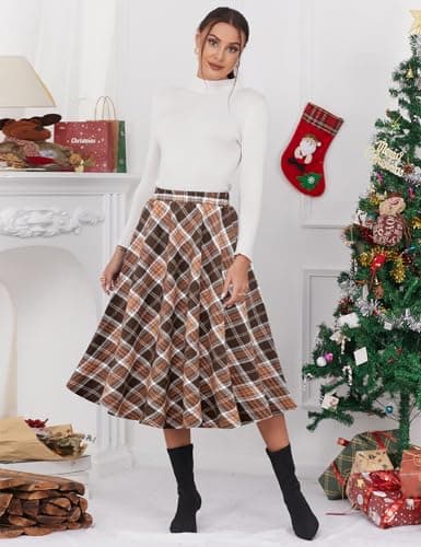 Women's Plaid A-line Pleated Skirt with Elastic Waist