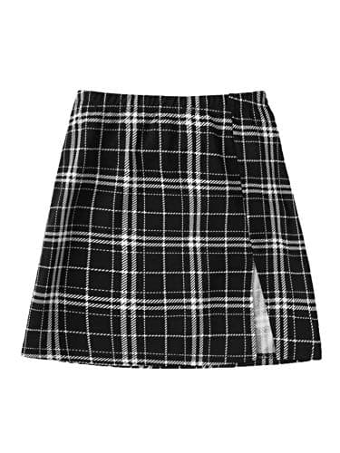 Floerns Women's High Waisted Mini Plaid Split Hem Casual Skirt — Black White