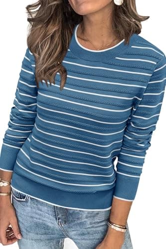 Womens Arach&Cloz Knit Sweater Long Sleeve Casual Spring Outfit Fashion — Striped Blue White