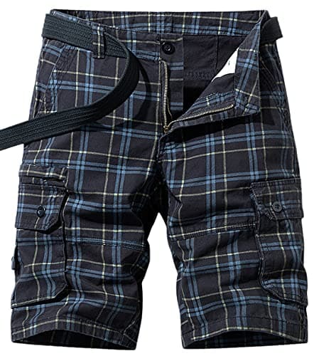 Men's Multi-Pocket Cargo Shorts — Black-plaid