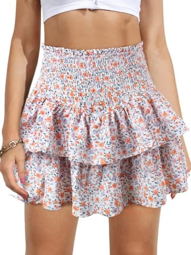 Vigorics Women's High Waist Tiered Mini Skirt with Shorts — White Flower