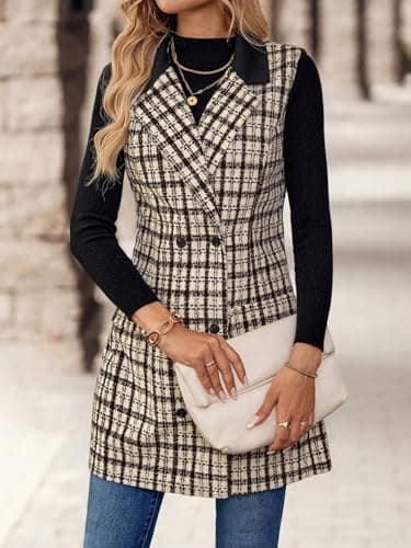 IDEALSANXUN Women's Long Tweed Sleeveless Blazer Jacket