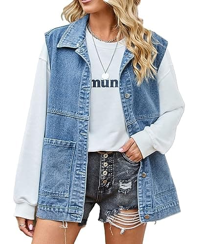 PAODIKUAI Women's Oversized Distressed Denim Vest Jackets — A5-blue