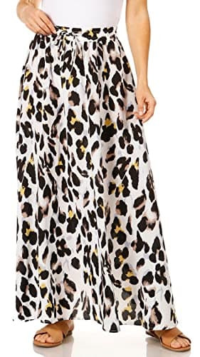 Trendy Women's Maxi Skirts - Flowy Summer Aline Elastic High Waisted Reg & Plus Size — Mixed Leopard