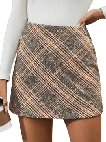 MakeMeChic Women's High Waist Houndstooth Mini Zipper Bodycon Skirt — Beige