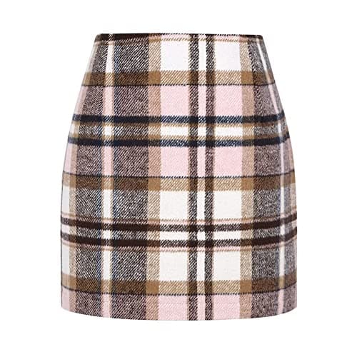 Women's Plaid Wool Mini Skirt for Fall and Winter — Pink