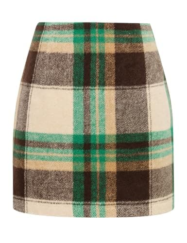 Mywinway Plaid High Waist A-Line Skirt for Women — Green Coffee