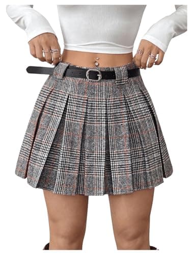 MakeMeChic Women's Flared Plaid Mini Skirt with A-Line Belt — Multicolor