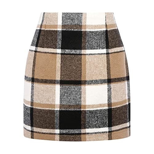 Yuemengxuan Women's Wool Plaid High Waist A-line Skirt — Mini Length Dark Khaki