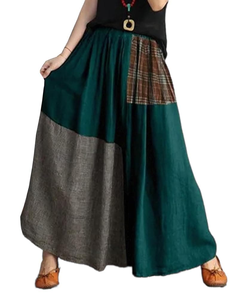 IDEALSANXUN High-Waisted Elastic Color Block Plaid Midi Skirt