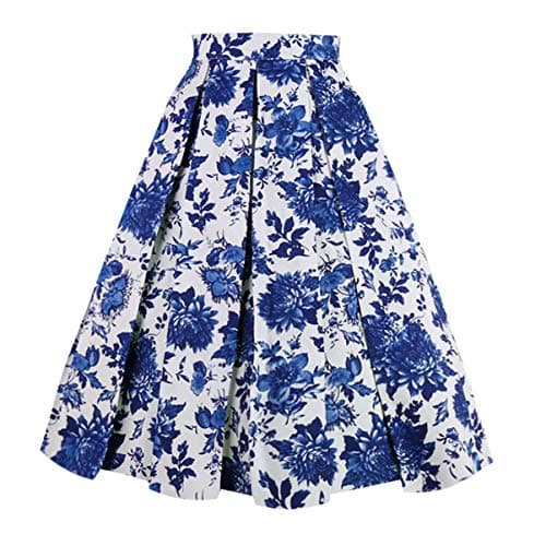 OBBUE Vintage Floral A-line Printed Midi Skirt with Pockets — A-blue-white-porcelain