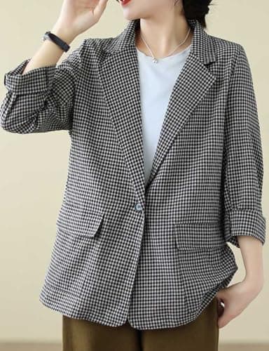 Cotton Linen Plaid Blazer for Women Oversized Lightweight Jacket