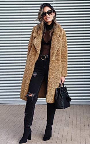 Angashion Women's Fuzzy Fleece Lapel Open Front Long Cardigan Coat
