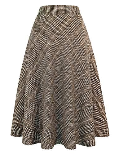 Mywinway Women's Warm Winter Aline High-Waisted Wool Plaid Skirts — Plaid Coffee