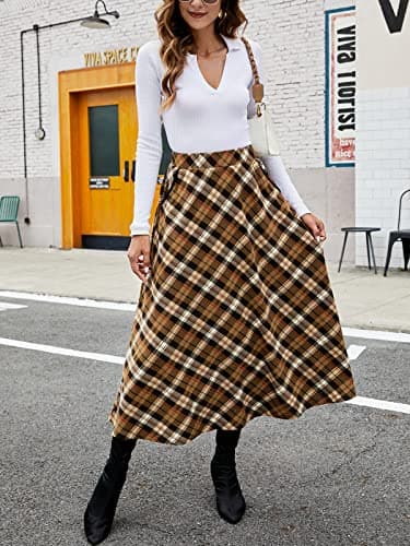 HUSKARY Classic High-Elastic Waist Plaid Midi Skirt for Women