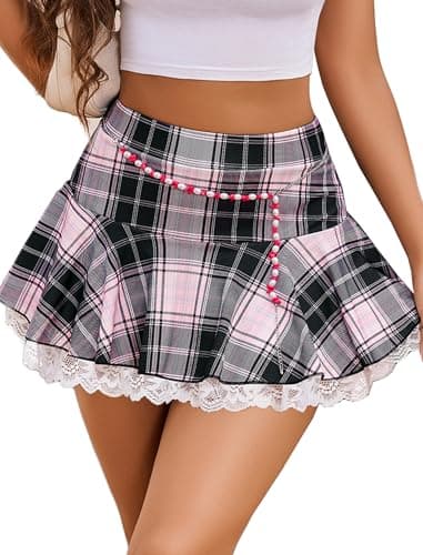 Avidlove Women's Mini Pleated Lace Ruffle Skirt — Pink Gray Plaid