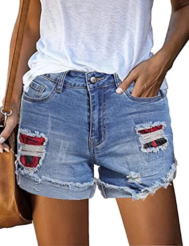 GOLDPKF Women's Mid-Waist Frayed Stretch Denim Shorts — E- Red