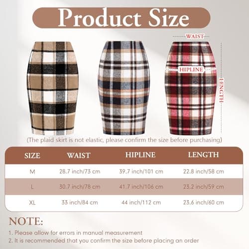 Coume 2-Pack Women's Wool Midi Plaid Skirts Winter Pencil Knee-High Waist Bodycon Skirt with Slit