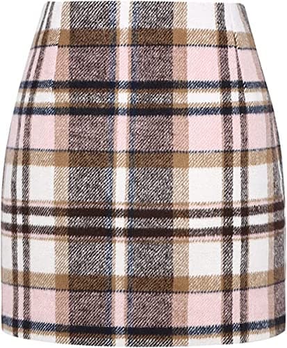 Women's High Waist Plaid Wool Mini Skirt — Pink