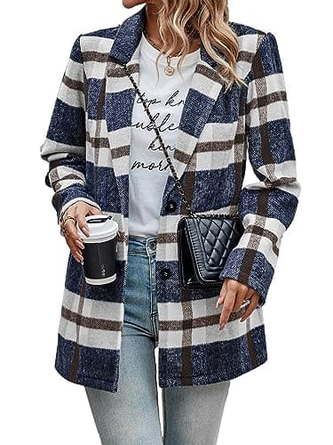 PrettyGarden Women's Plaid Winter Jacket With Pockets — Short Style Navy Plaid