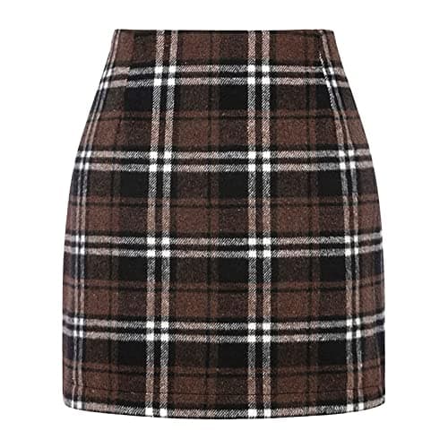 Yuemengxuan Women's Wool Plaid High Waist A-line Skirt — Mini Length Coffee