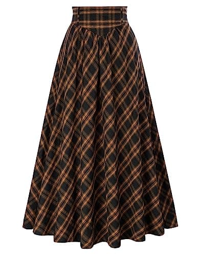 Scarlet Plaid Victorian Maxi Skirt for Women High Waist — Orange Plaid