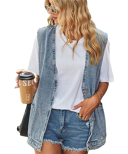 PAODIKUAI Women's Oversized Distressed Denim Vest Jackets — A1-blue