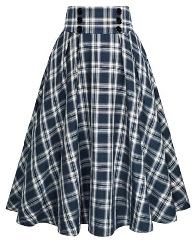 Belle Poque High Waisted Pleated Midi Plaid Skirt with Pockets — Navy