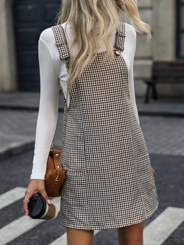 Milumia Women's Adjustable Straps Houndstooth Overalls Short Dress with Pocket