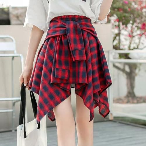 Women's Elastic Waist Plaid Mini Skater Skirt Knot Front Irregular Hem