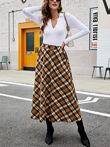 HUSKARY Classic High-Elastic Waist Plaid Midi Skirt for Women