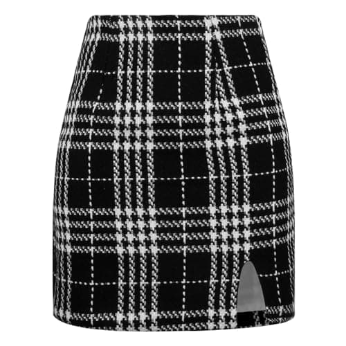 Ibeauti Women's High Waist Plaid Mini Pencil Skirt with Side Split — Plaid Black 01