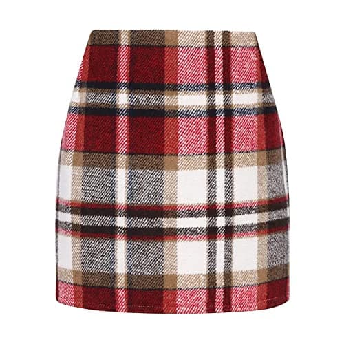 Women's Plaid Wool Mini Skirt for Fall and Winter — Wine Red