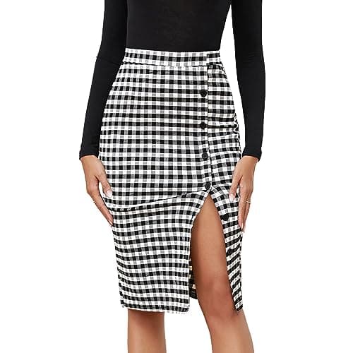 Byinns Women's High Waist Plaid Midi Work Skirt with Button Slit — Black White Plaid