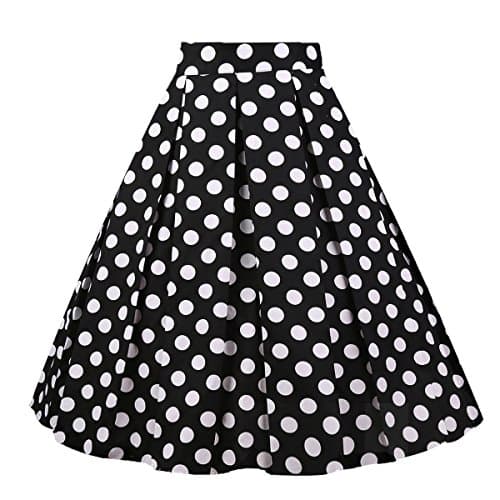 OBBUE Vintage Floral A-line Printed Midi Skirt with Pockets — Black-white Dots