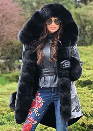 Roiii Women's Warm Winter Thicken Hooded Down Parka Jacket — Grey Camo Black