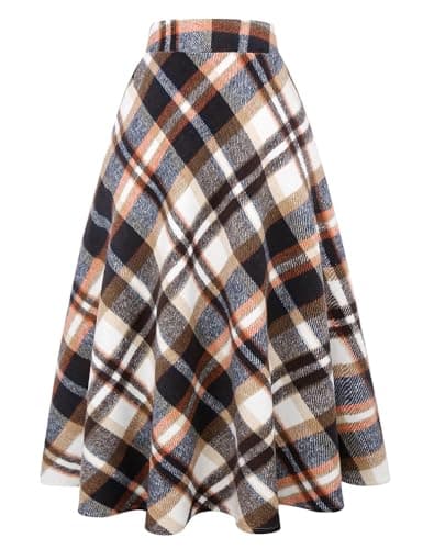 Women's Long Plaid Wool Skirt for Winter: High Waisted A-line Flare — White Brown