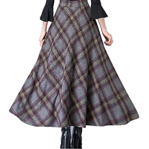 BININBOX Women's Vintage Plaid Maxi Wool Skirt Elastic Waist — Dark Gray